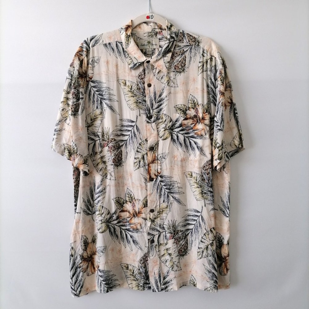 Island Shores Mens Cream Short Sleeve Floral Hawaiian Button Up Shirt Size XL